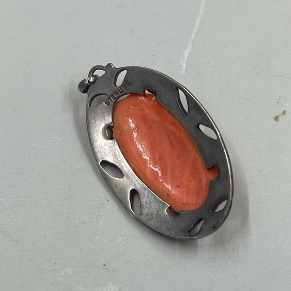 Antique Victorian Edwardian Carved Coral Sterling Silver Enamel Pendant Flowers - Picture 2 of 4